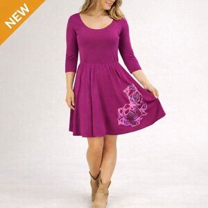 NEW Roper Western Fit N Flare Dress 3/4 Sleeve Floral Rhinestone Purple Size XL